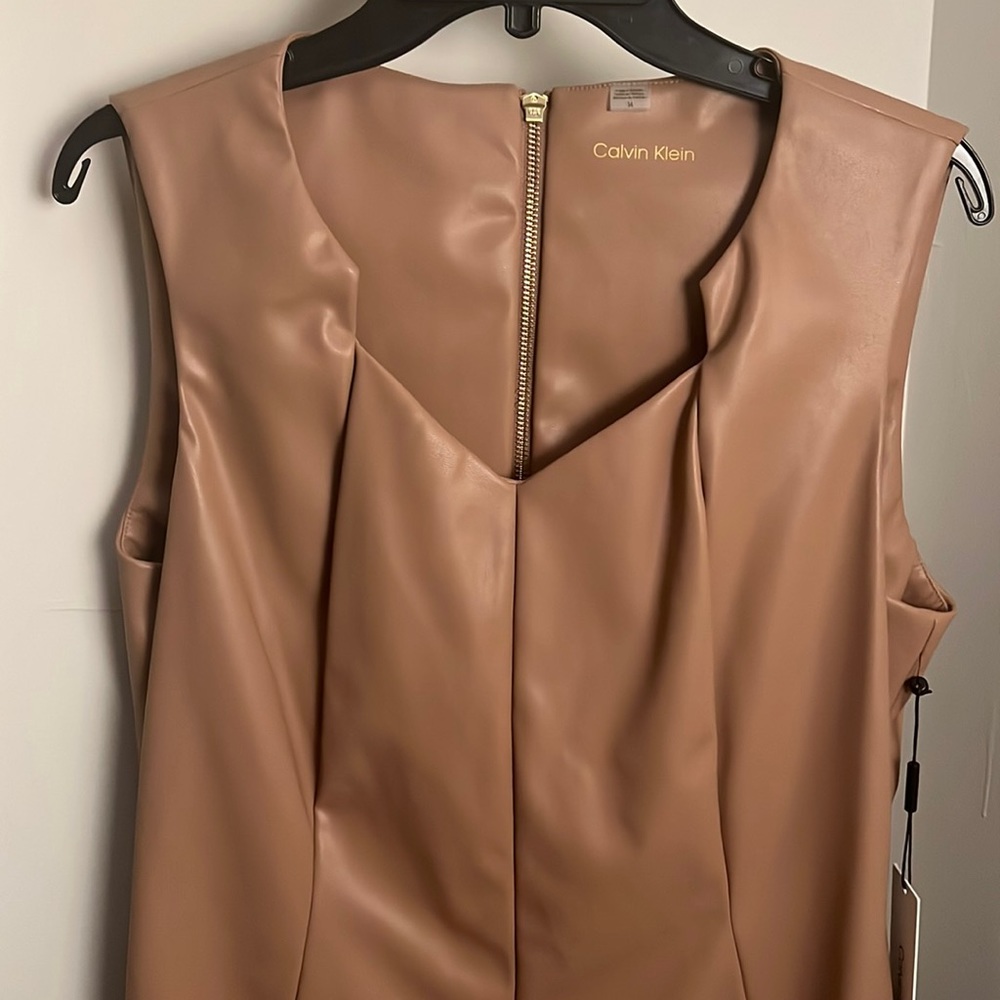 NWT CALVIN KLEIN FAUX LEATHER MIDI DRESS IN CARAMEL/COGNAC